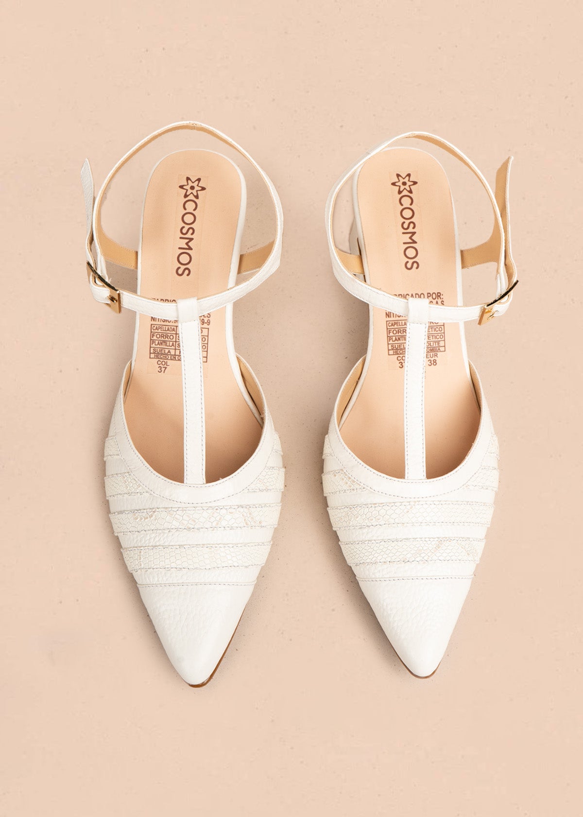 Tacones de cuero color talco con correa y tacón cuadrado 106511