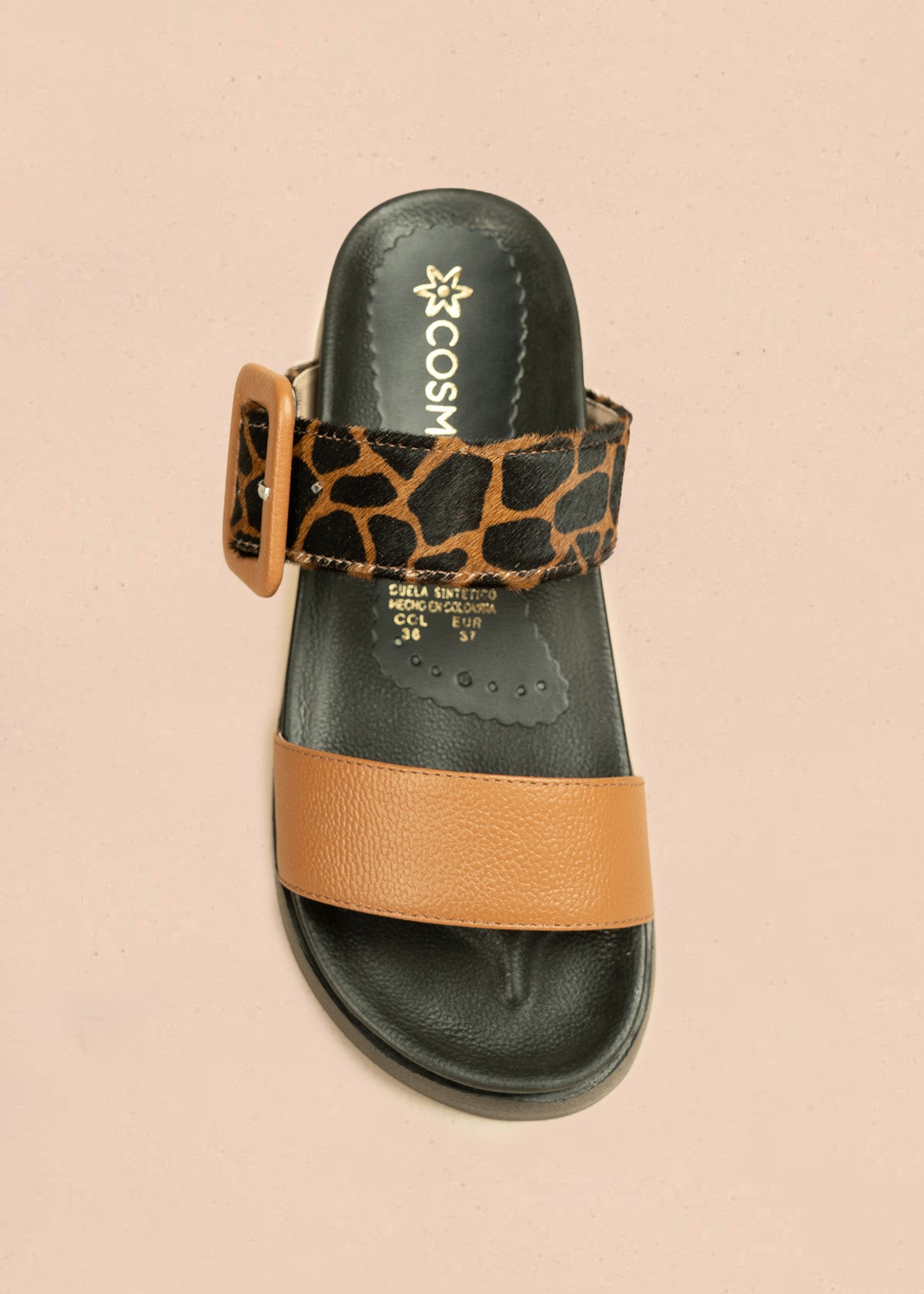 Sandalias en cuero color miel con detalles animal print 106516