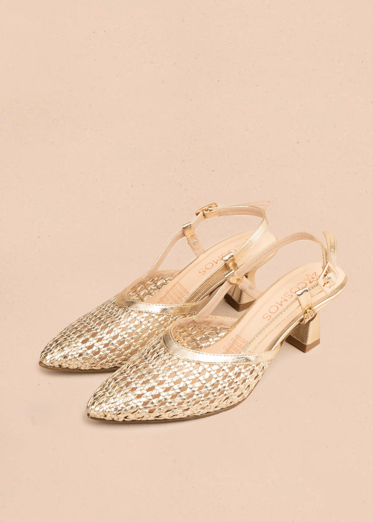 Tacones trabilla color champaña con malla trenzada 106526