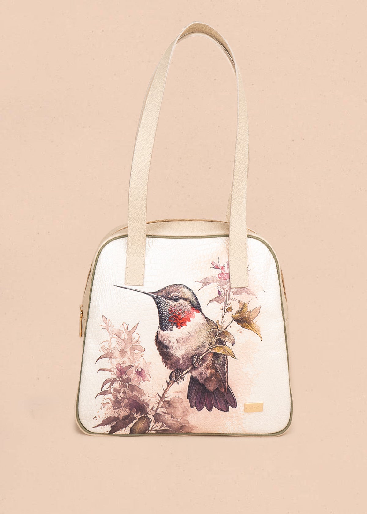 Bolso tipo shopping de cuero color talco con estampado de colibrí 106618