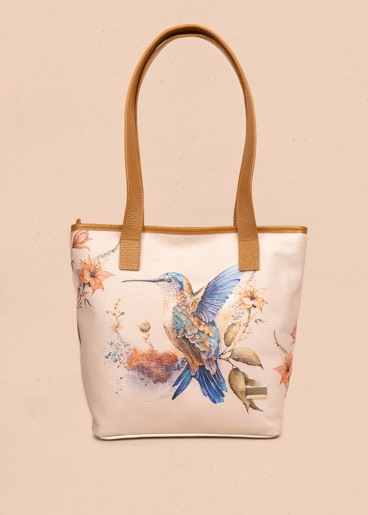 Bolso tipo shopping en cuero color talco con estampado de colibrí y flores  106624