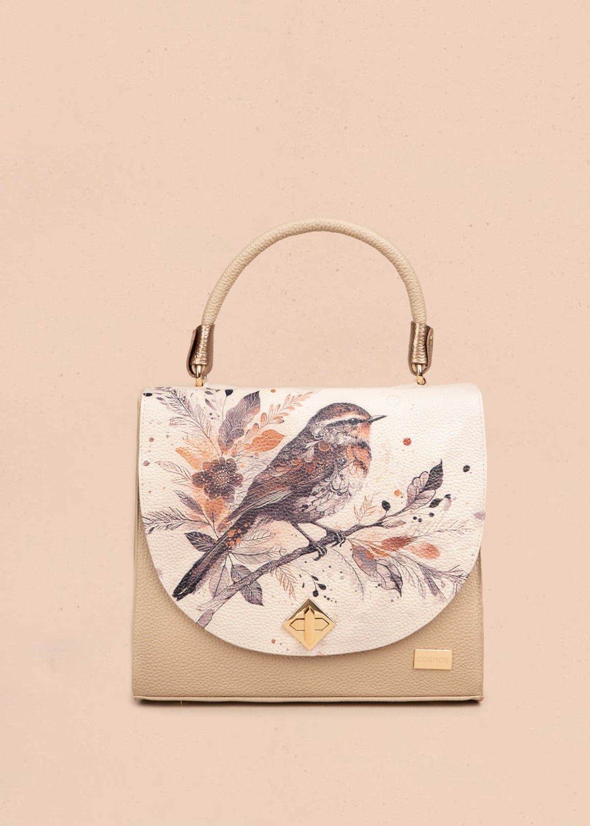 Bolso tipo cartera en cuero color taupe con estampado de ave y flores 106629