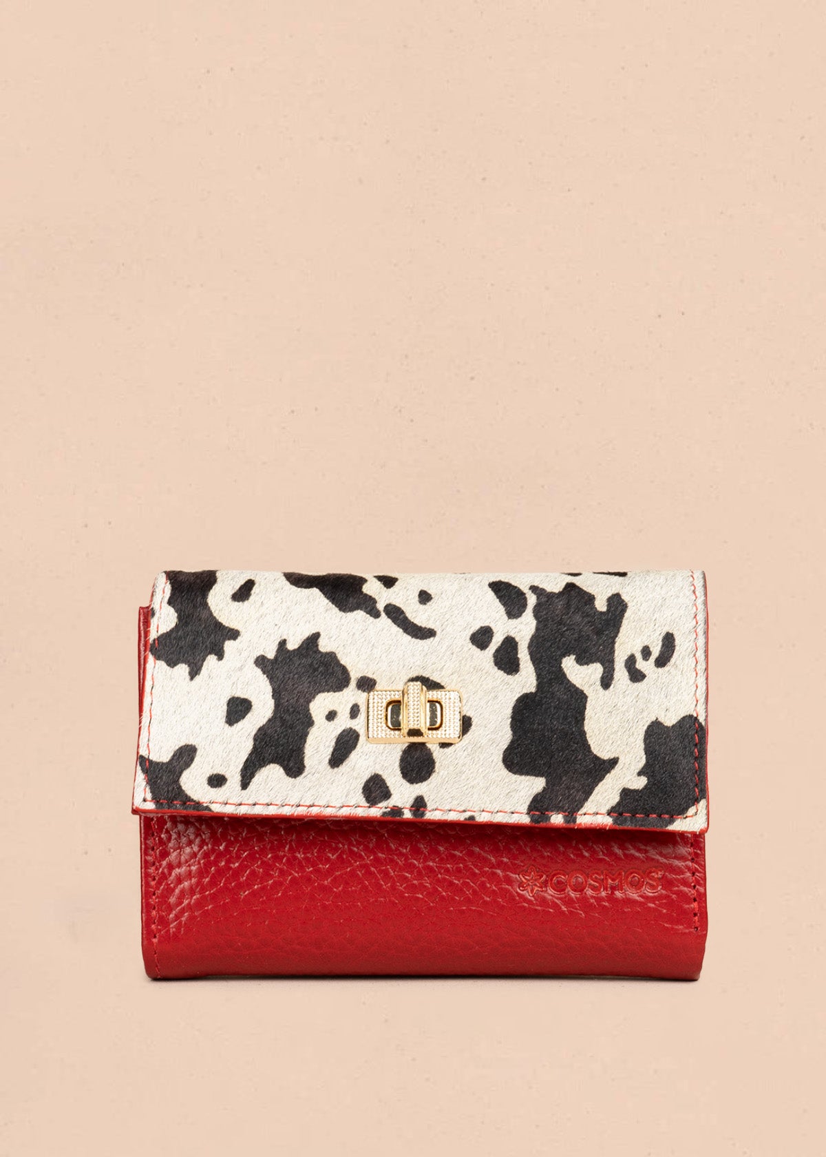 Billetera pequeña de cuero color rojo con solapa animal print 106637