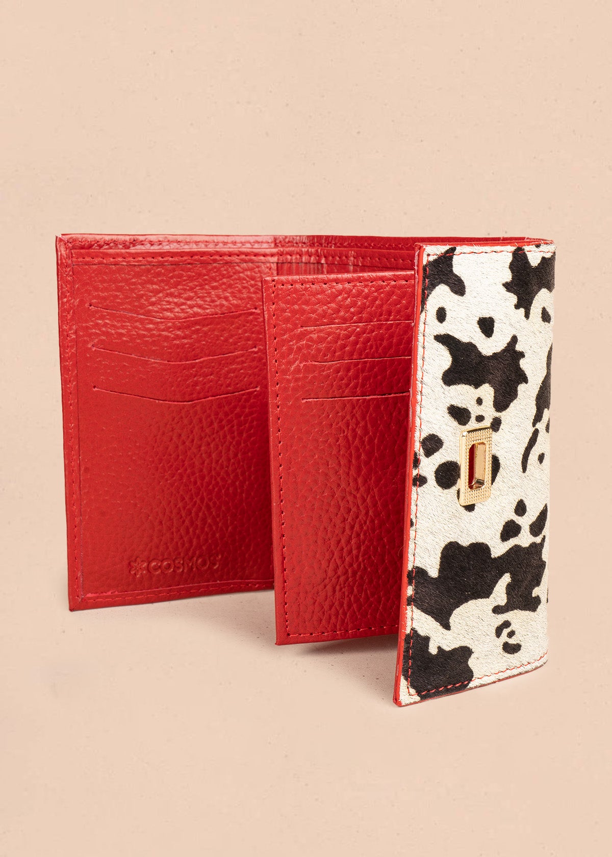 Billetera pequeña de cuero color rojo con solapa animal print 106637