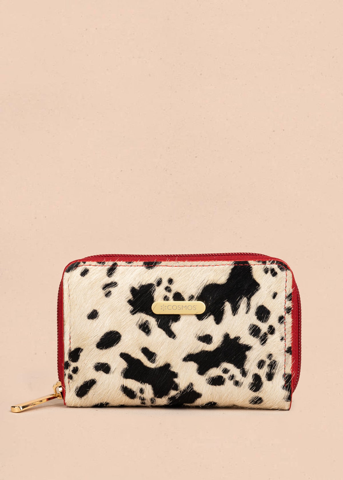 Billetera pequeña de cuero color rojo con solapa animal print 106640