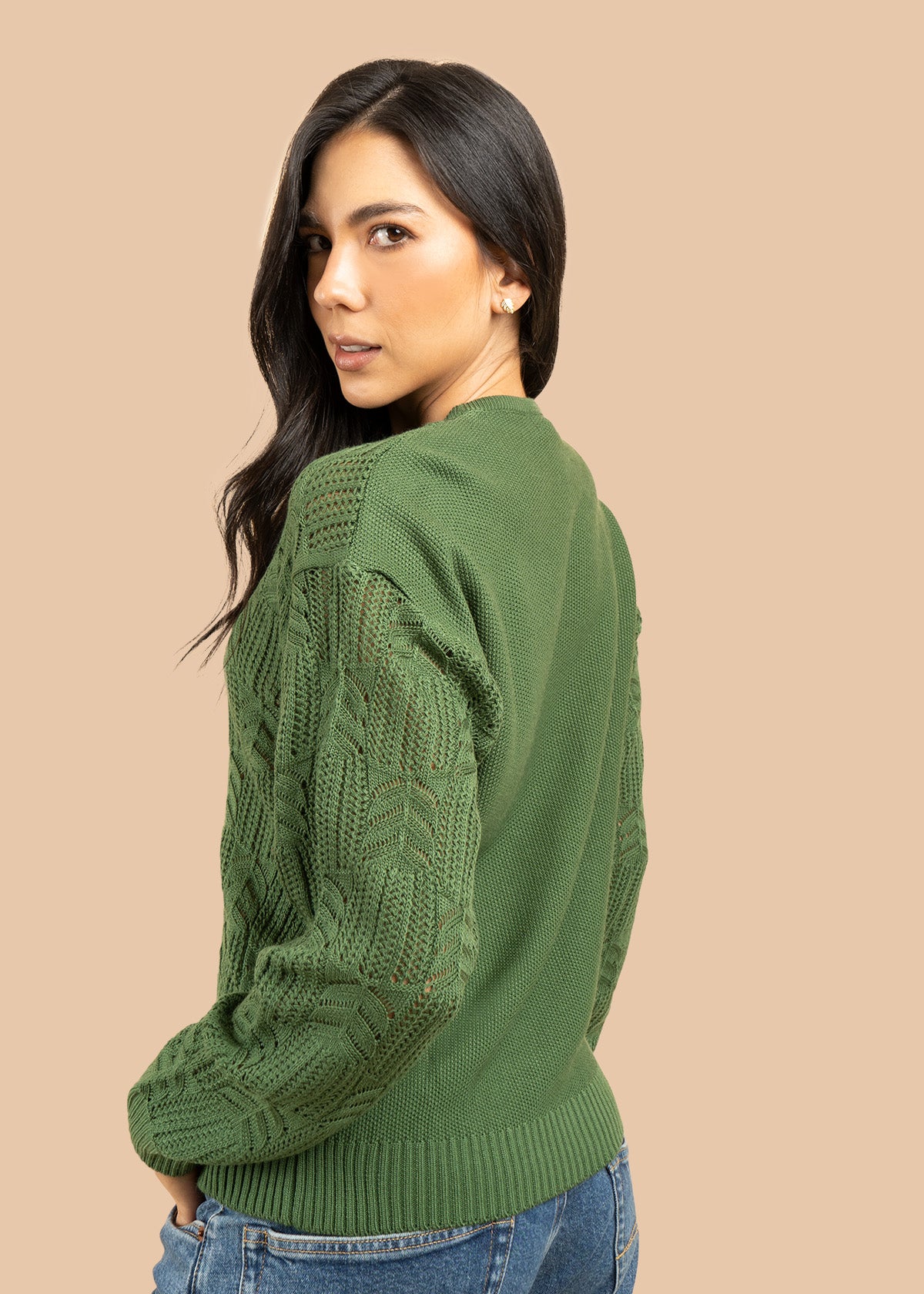 Buzo color verde tejido calado hojas 106756