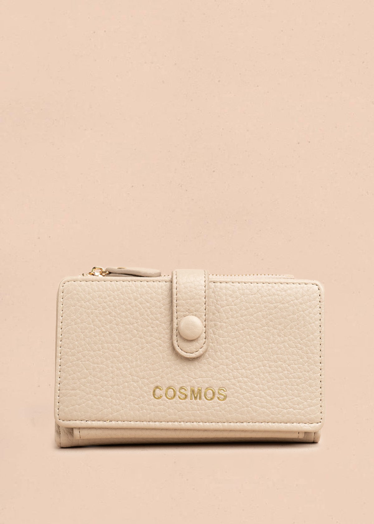 Billetera grande color beige con broche y logo dorado COSMOS 106782
