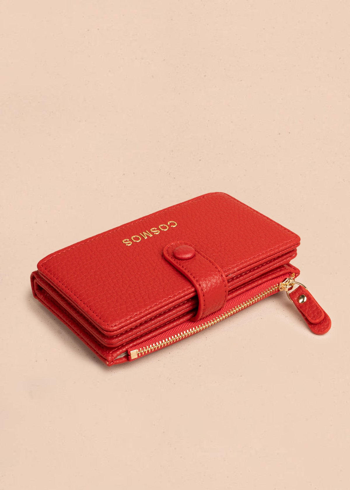 Billetera grande color rojo con broche y logo dorado COSMOS 106782