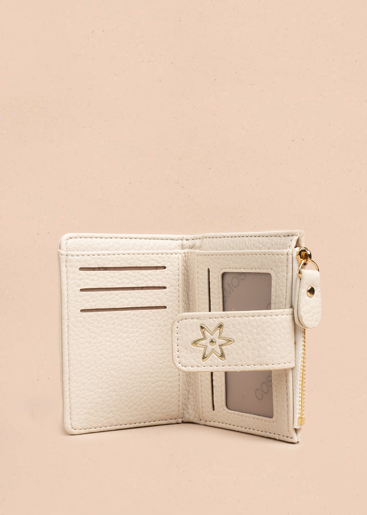 Billetera pequeña color crema con acolchado y flor dorada Cosmos 106783