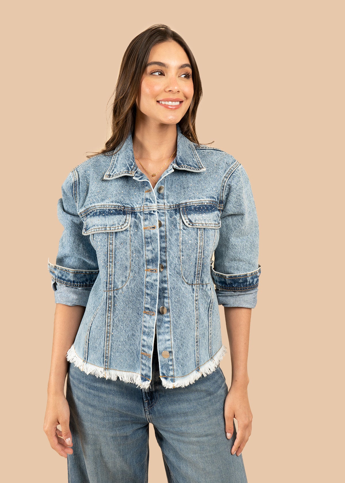 Chaqueta denim color azul con brillos y flecos 106802