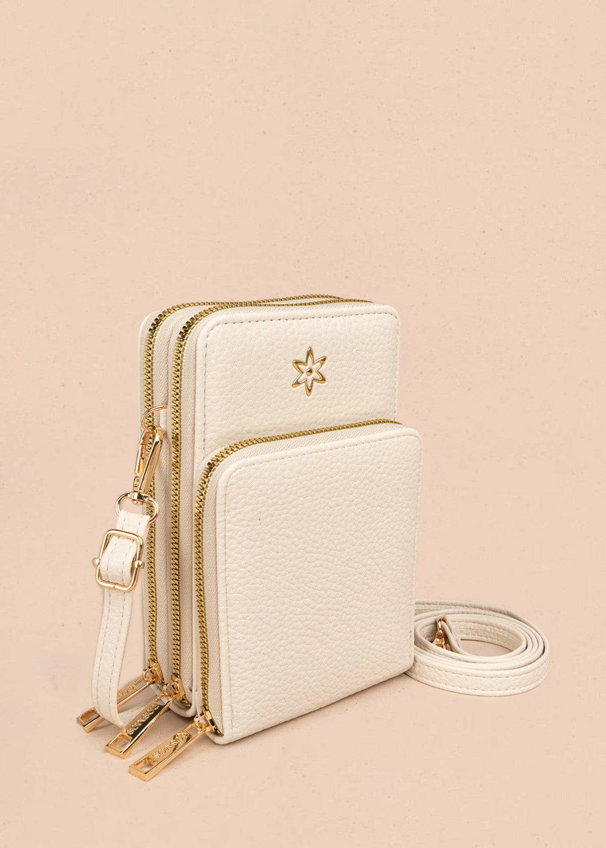Porta celular color beige con doble compartimento y cierres dorados 106847