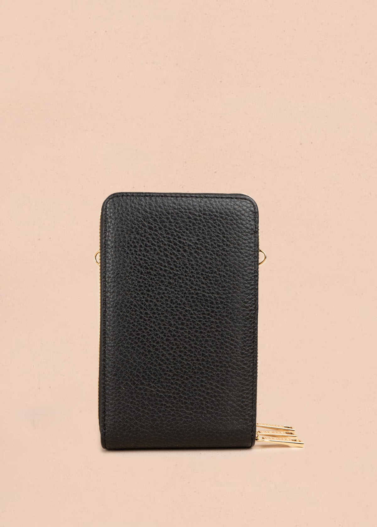 Porta celular color negro con doble compartimento y cierres dorados 106847