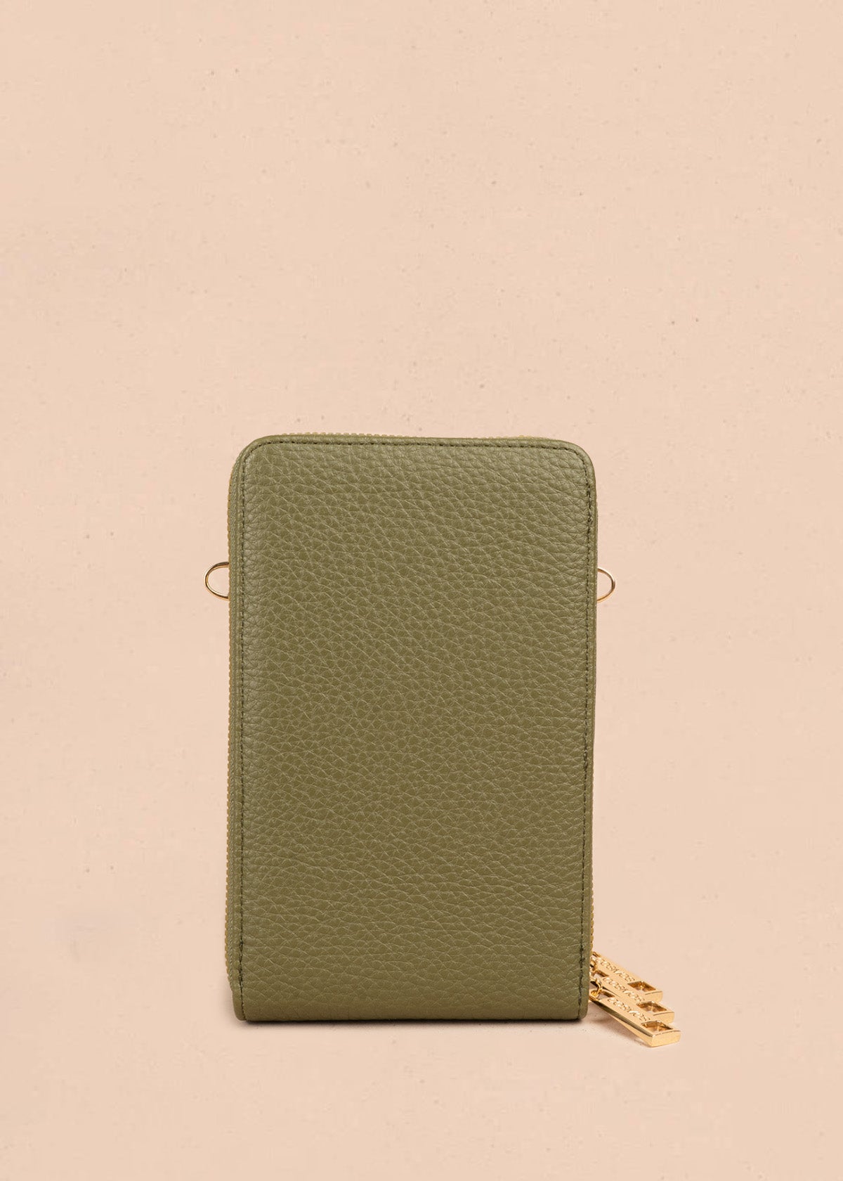 Porta celular color verde con doble compartimento y cierres dorados 106847