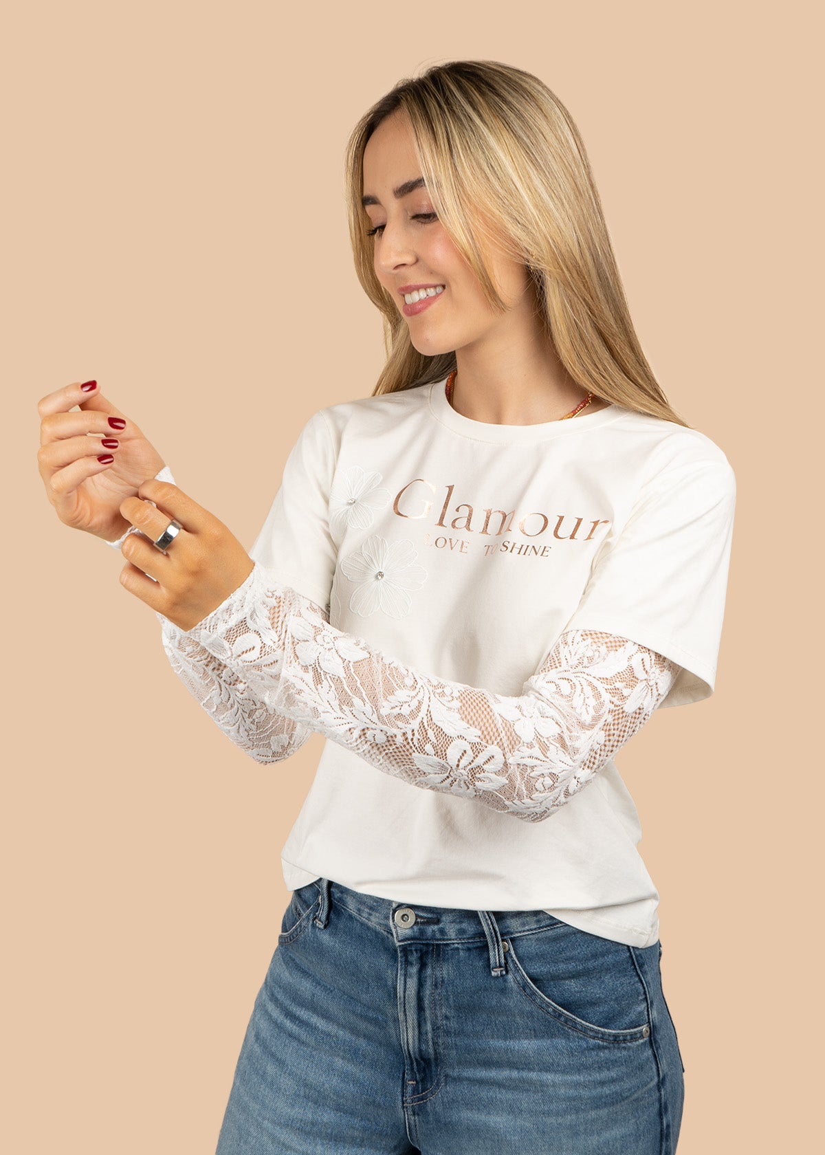 Camiseta beige estampada "Glamour" 106908