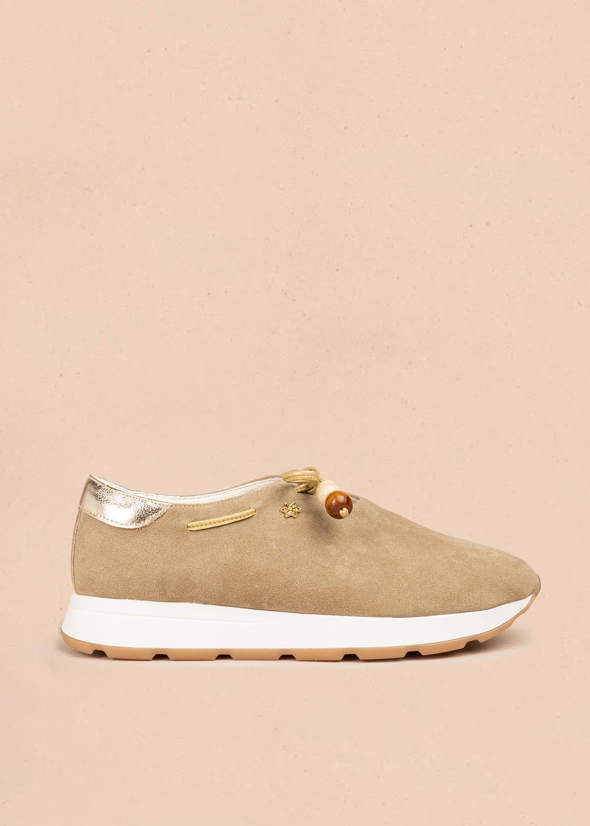 Atadura en cuero beige con cordón bronce y cuentas de madera 106934