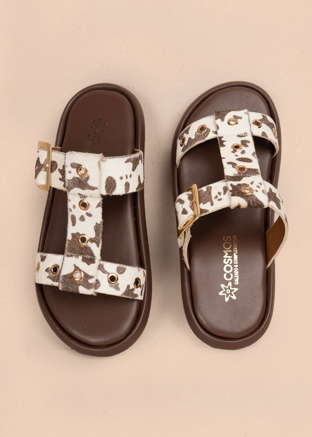 Sandalias planas en cuero color café con tiras animal print 107018