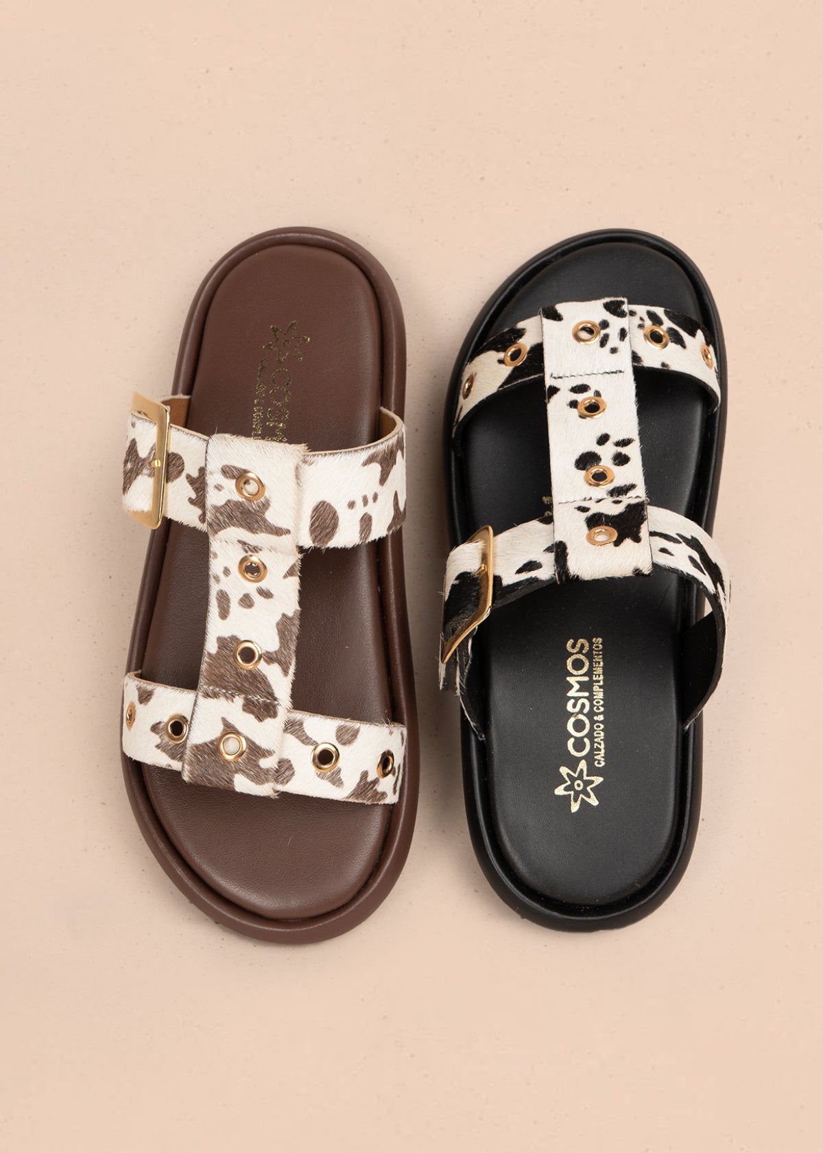 Sandalias planas en cuero color negro con tiras animal print 107018