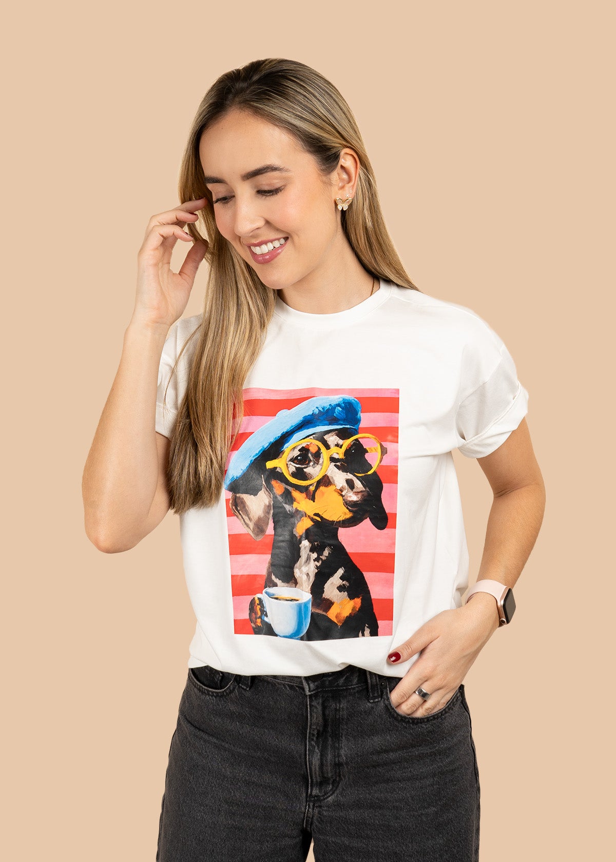 Camiseta algodón con estampado de perrito color marfil 107056