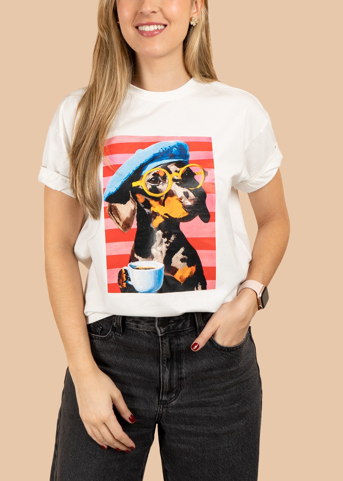Camiseta algodón con estampado de perrito color marfil 107056