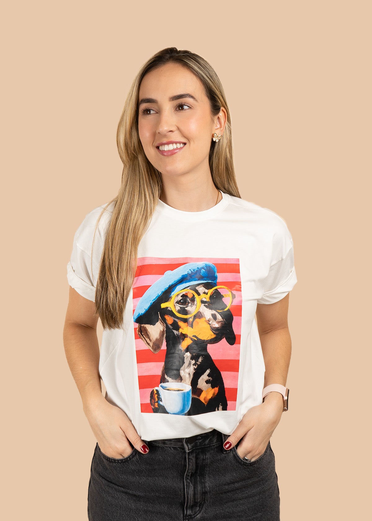 Camiseta algodón con estampado de perrito color marfil 107056