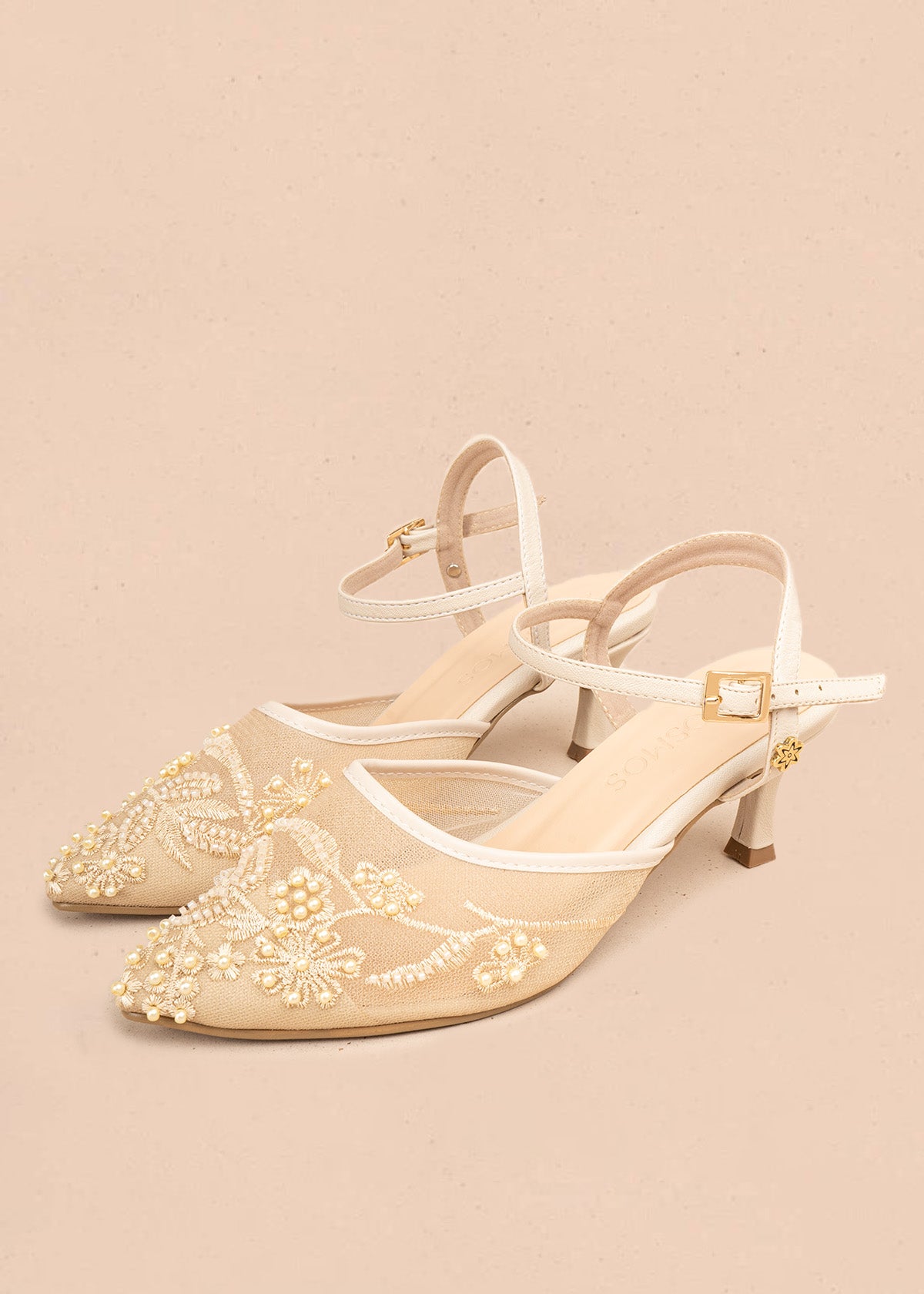 Trabilla color beige con malla bordada y perlas 107146