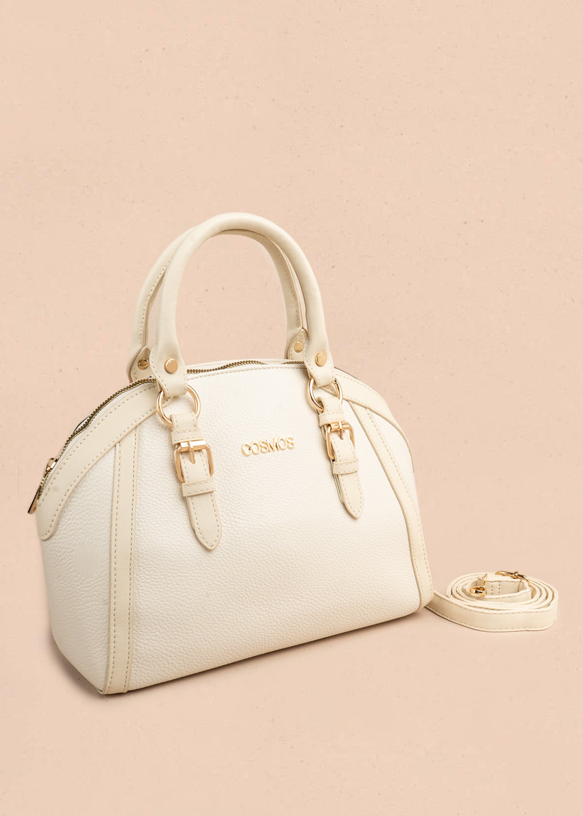 Cartera color talco de dos asas con correa larga 107172