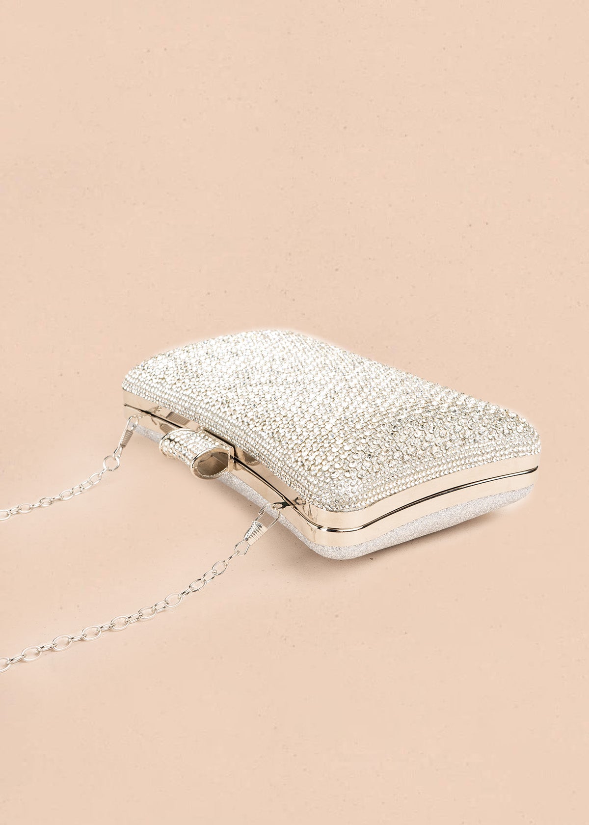 Bolso de fiesta en pedrería plateada con cadena removible 107197